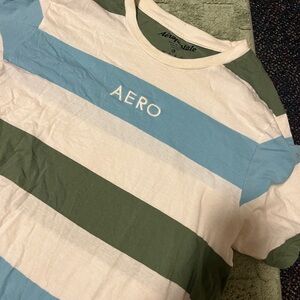 Aeropostale Men's Tee - Olive and Sky Blue Stripes